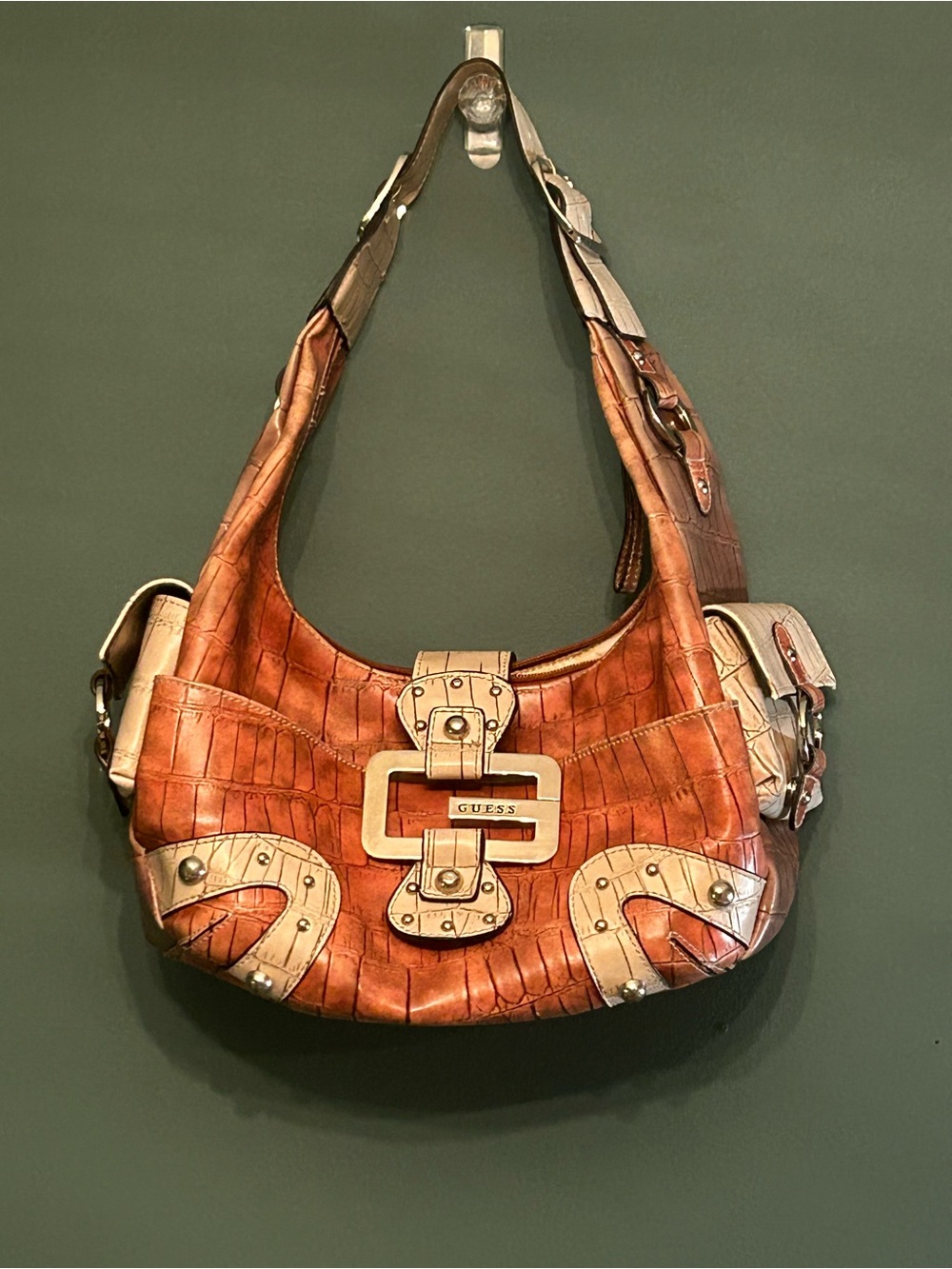 Vintage GUESS Y2K Shoulder Bag Brown Cream Croc Embossed Buckle Hobo Purse